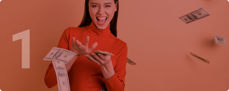 woman throwing money with Misa logo in background