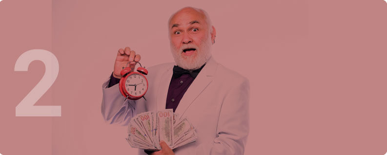 Man holding clock and money with Misa logo in background