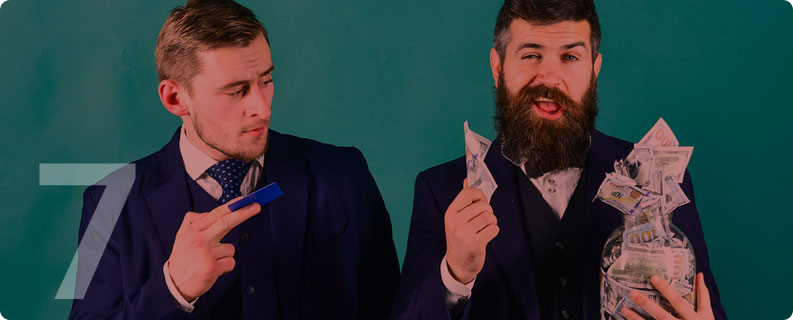 two men blue suits with one holding money and other with credit card, with Misa logo in background